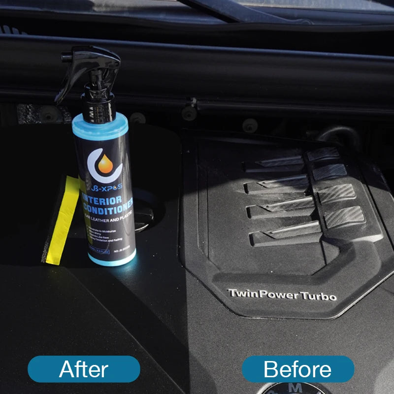 A bottle of interior conditioner is shown next to a car's interior panel, demonstrating before and after results.