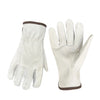 A pair of light beige leather work gloves with brown trim shown against a white background.