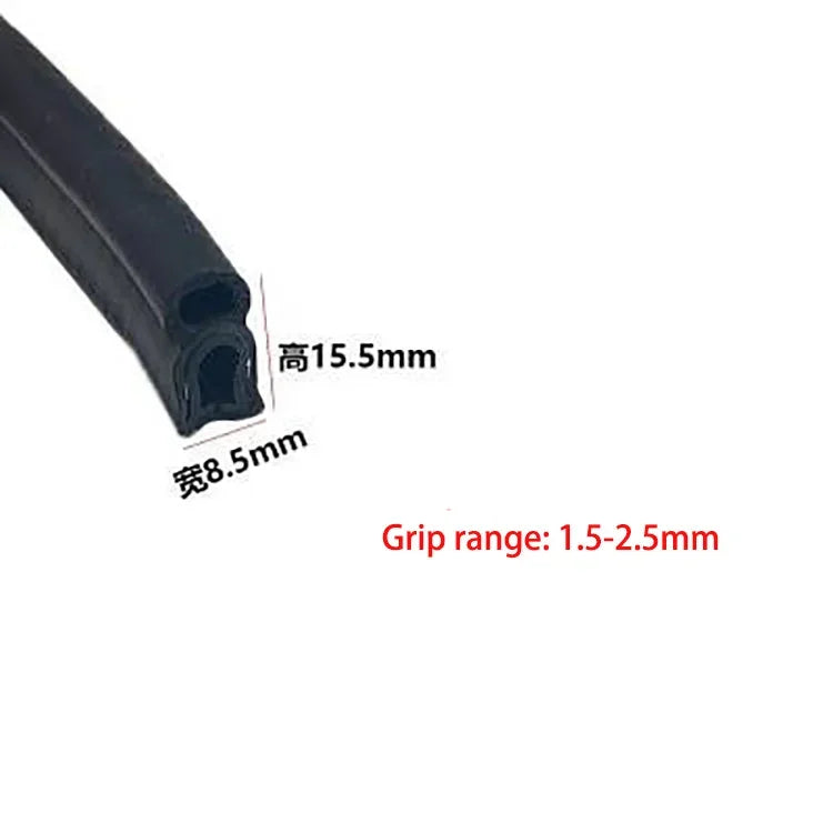 Black U-shaped EPDM rubber edge trim with a 15.5mm height and a grip range of 1.5-2.5mm