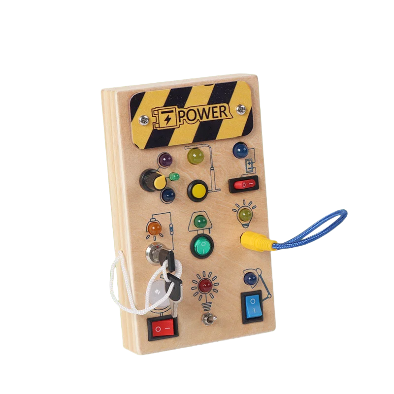 A wooden busy board with various switches and LED lights for a Montessori sensory toy.