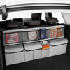 A universal car trunk organizer with hanging storage pockets is shown inside a car, featuring various compartments for organi