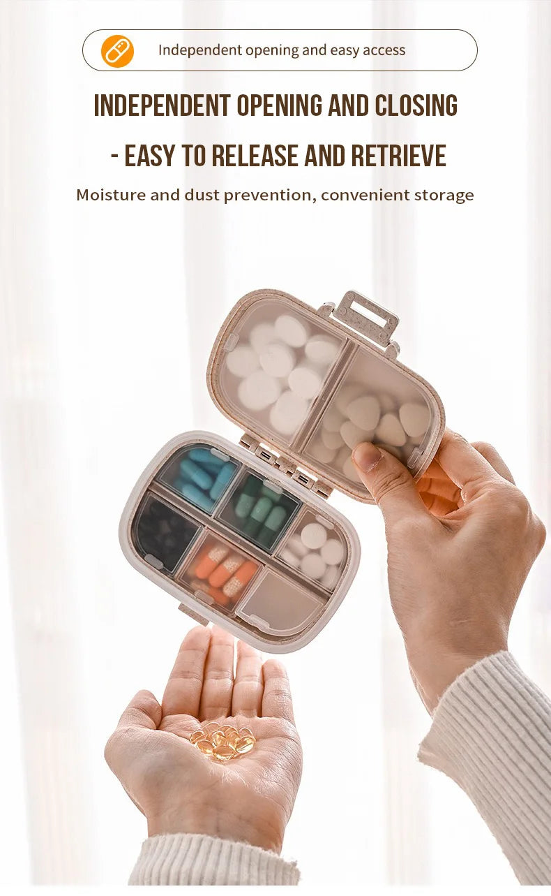 A hand opens a weekly pill organizer with eight compartments to show the independent opening and closing feature.