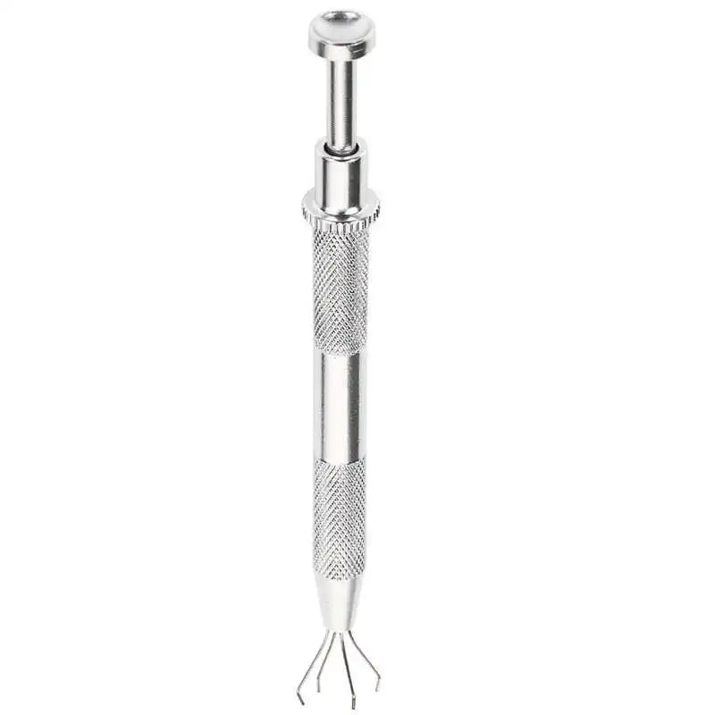 A silver precision 4-claw pick-up tool for jewelry making and crafting.