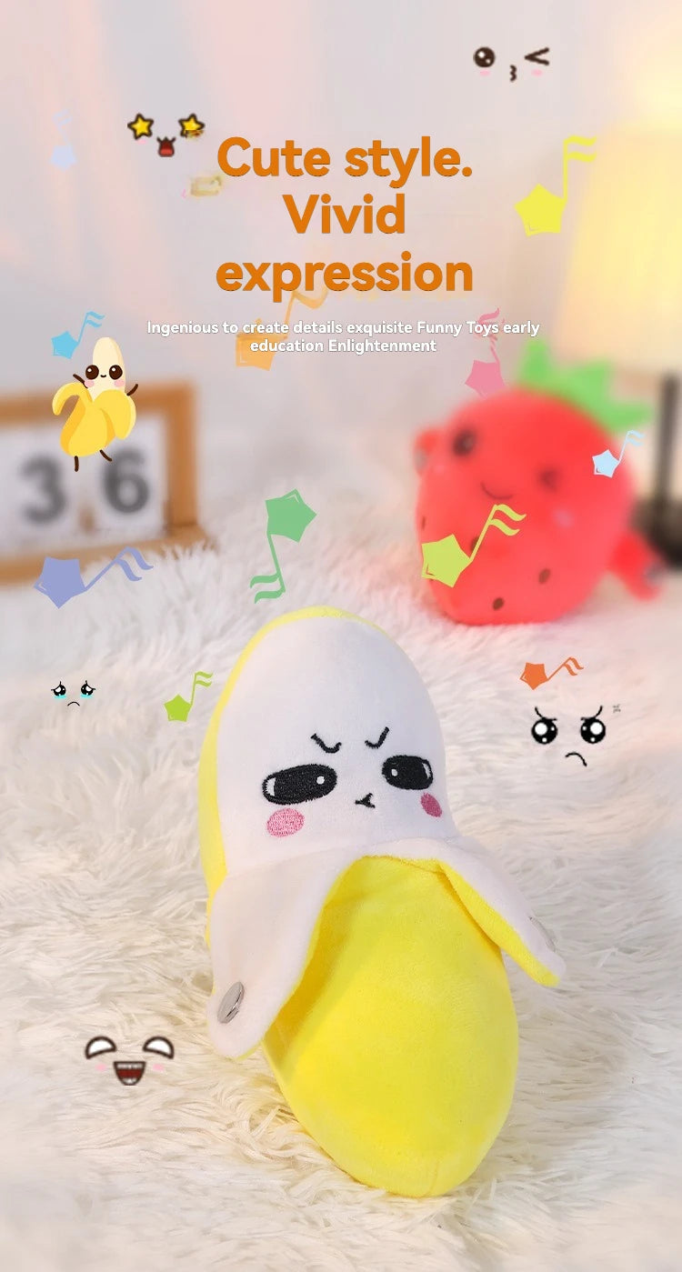 A yellow fruit-shaped plush toy resembling a lemon is shown on a white fluffy surface.