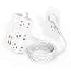 A white flat plug power strip with six outlets and four USB ports connected by a long white cord.