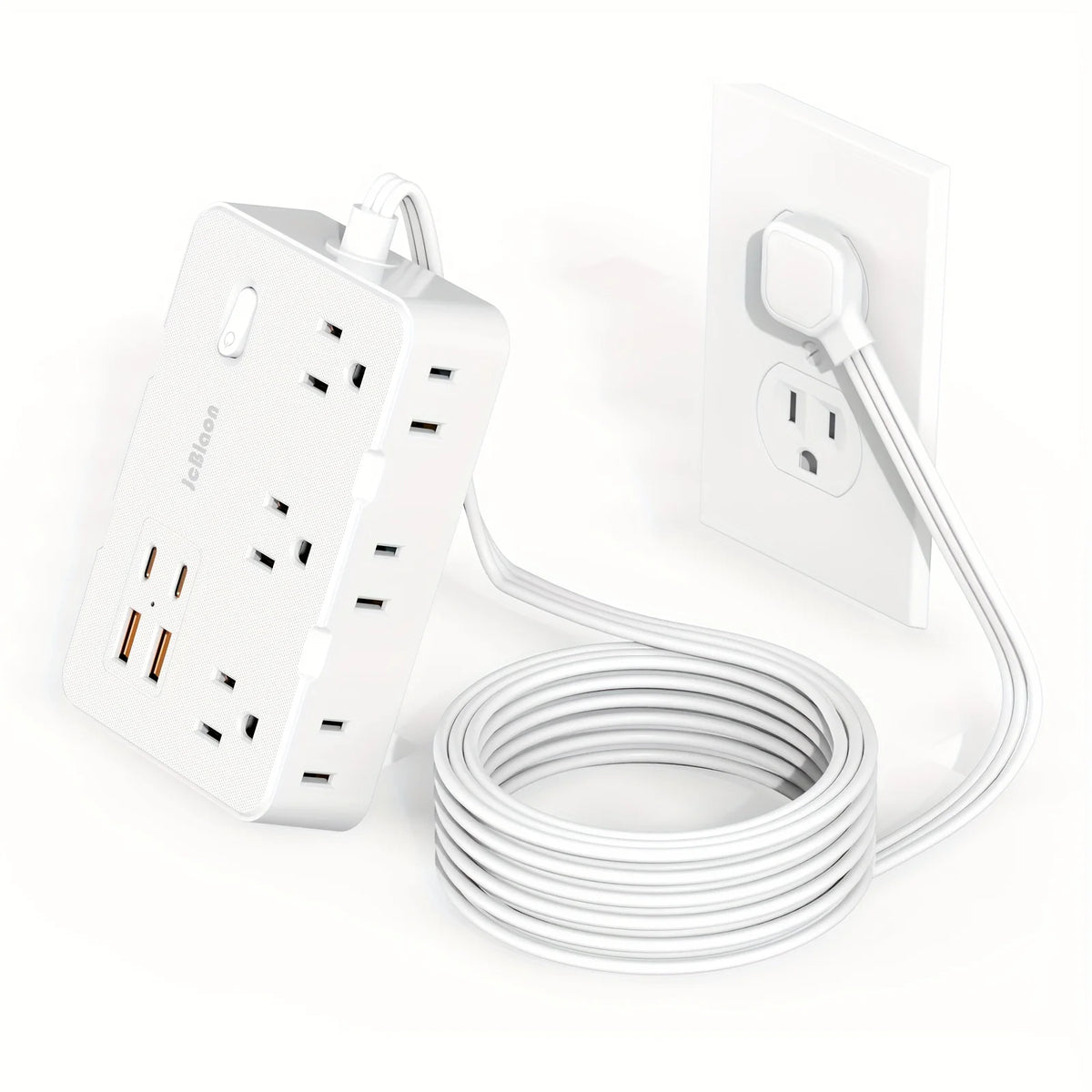 A white flat power strip with six outlets and four USB ports connected by a long white cord.