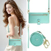 A light mint green crossbody phone wallet with a zipper closure and card slots shown on a model.