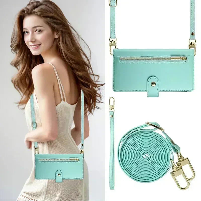A light mint green crossbody phone wallet with a zipper closure and card slots shown on a model.
