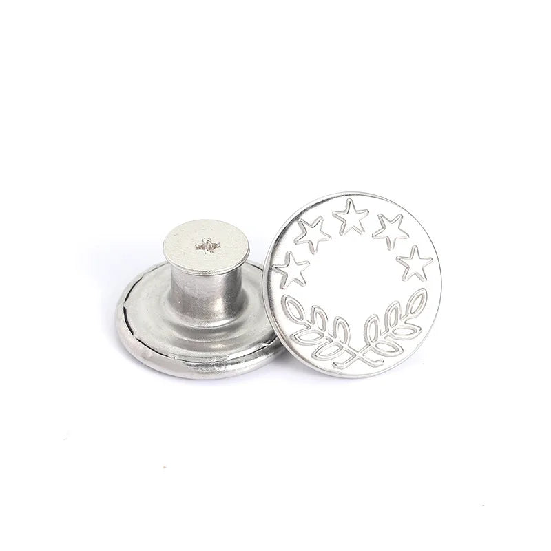 Silver metal button repair kit with five replacement buttons and a flat base.