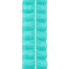 A close-up of a teal disposable non-woven hair net cap with vertical stripes.