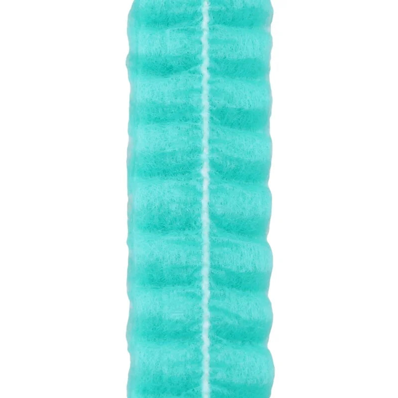 A close-up of a teal disposable non-woven hair net cap with vertical stripes.