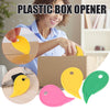 A woman opens a cardboard box using a yellow plastic box opener, with various colored plastic openers displayed.