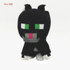 A black soft plush doll resembling a Minecraft character with green eyes and a pink mouth.
