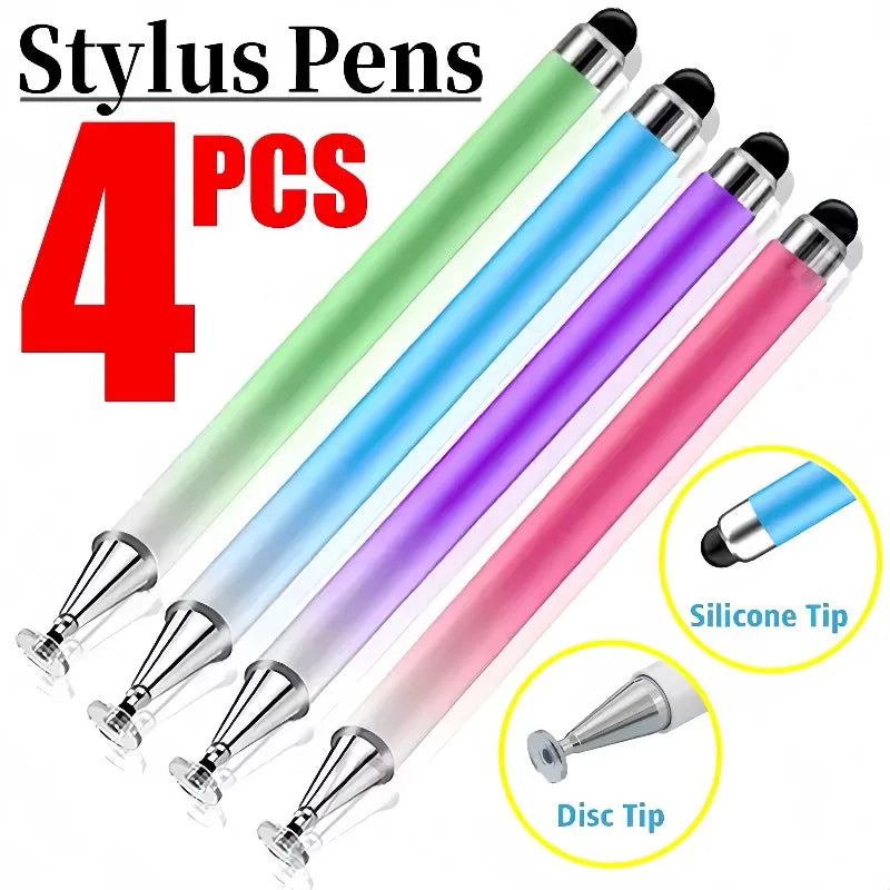 Four colorful 2-in-1 universal stylus pens with silicone and disc tips shown in a display.