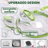A green microwave splatter cover with a steamer and ergonomic handle is shown being used to increase humidity and avoid dry-o