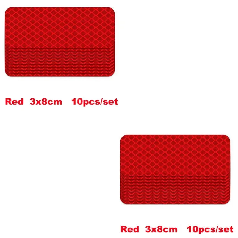 Red reflective strip stickers for car safety, sold in a set of 10 pieces.