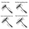 A set of garden rakes including a five foot rake, six foot weeding rake, seven toothed flower hoe, and eight toothed weeding 