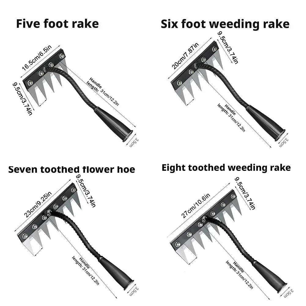 A set of garden rakes including a five foot rake, six foot weeding rake, seven toothed flower hoe, and eight toothed weeding 