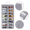 A gray felt organizer with sixteen slots for storing and hanging various pairs of eyeglasses.