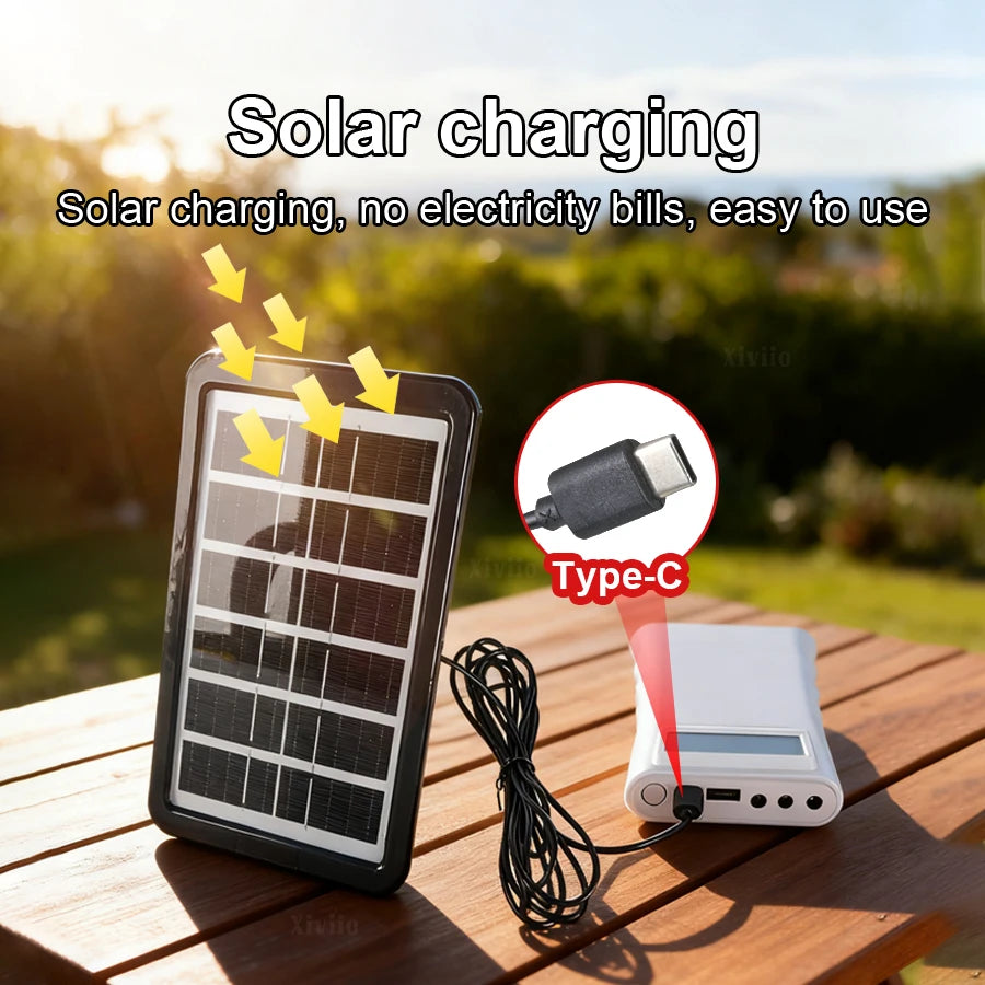 A solar charging panel is shown next to a Type-C cable and a white power bank on a wooden table.