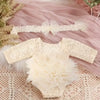 Newborn Knitted Lace Bodysuit Set with Puff Sleeves and Headband