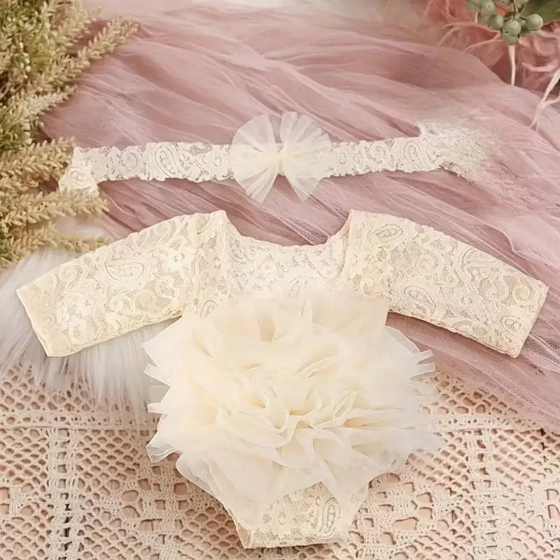 Newborn Knitted Lace Bodysuit Set with Puff Sleeves and Headband