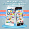 A white multi-function children's smartphone displaying various learning modes like drum, piano, color, and fruits.