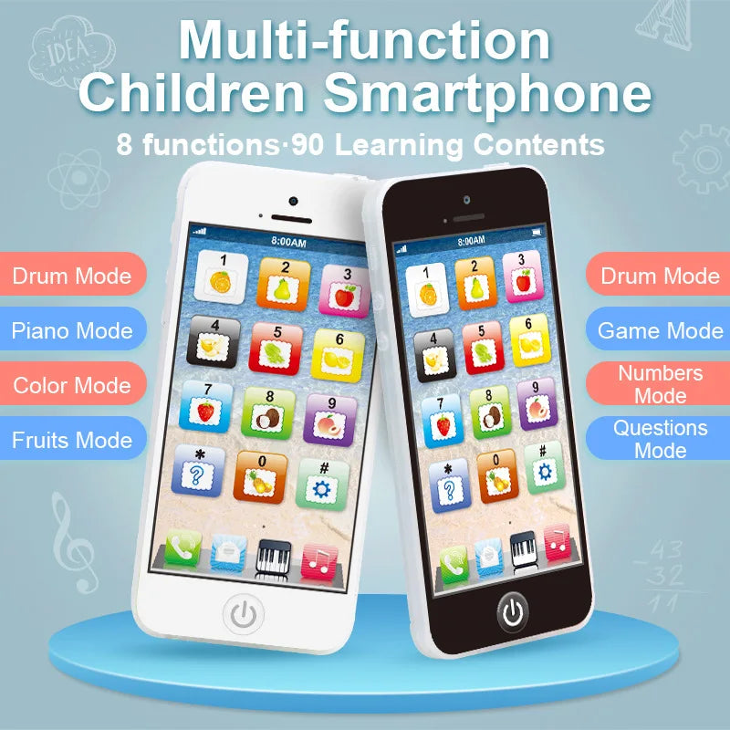 A white multi-function children's smartphone displaying various learning modes like drum, piano, color, and fruits.