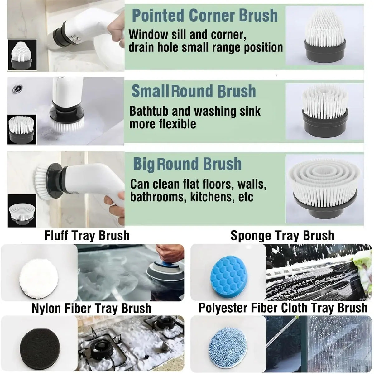 A collection of various cleaning brushes including a pointed corner brush, small round brush, big round brush, fluff tray bru