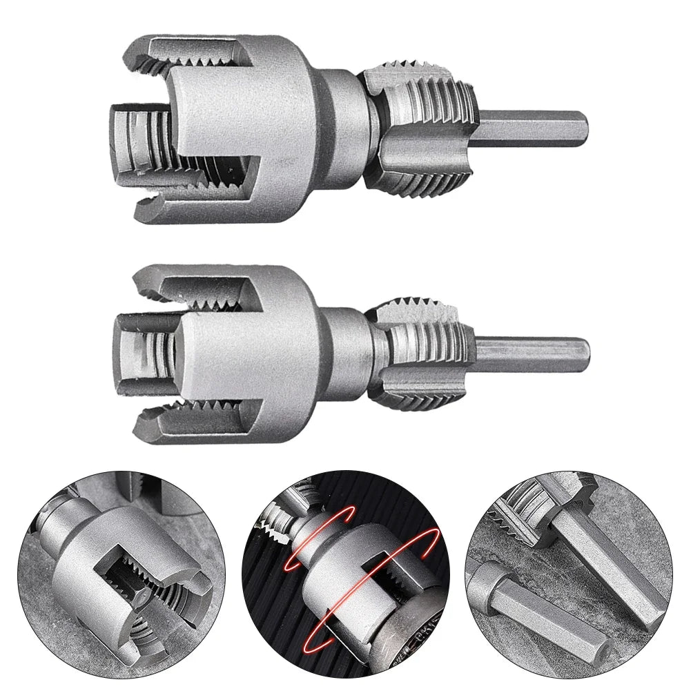 A set of integrated pipe threading tools showing different cutting configurations and views.
