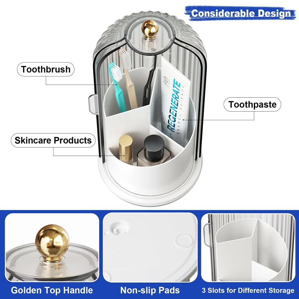A clear rotating toothbrush holder with a dustproof cover designed for storing toothbrushes, toothpaste, and skincare product