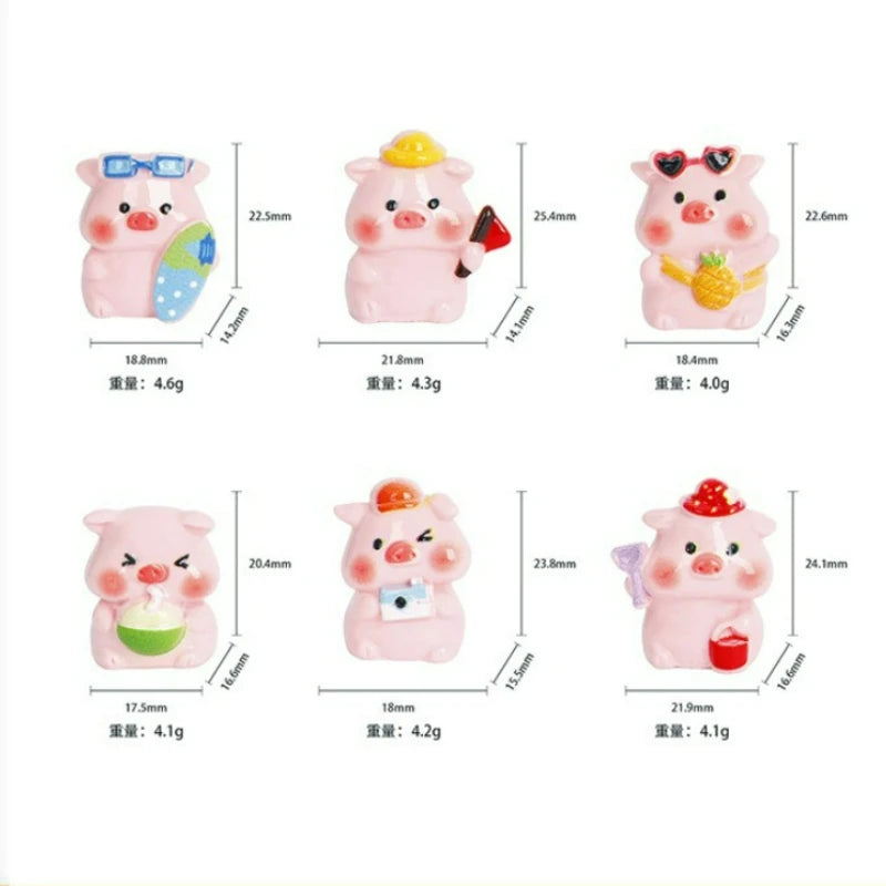 A set of pink resin pig figurines in various sizes and poses for cute miniature garden and desk décor.