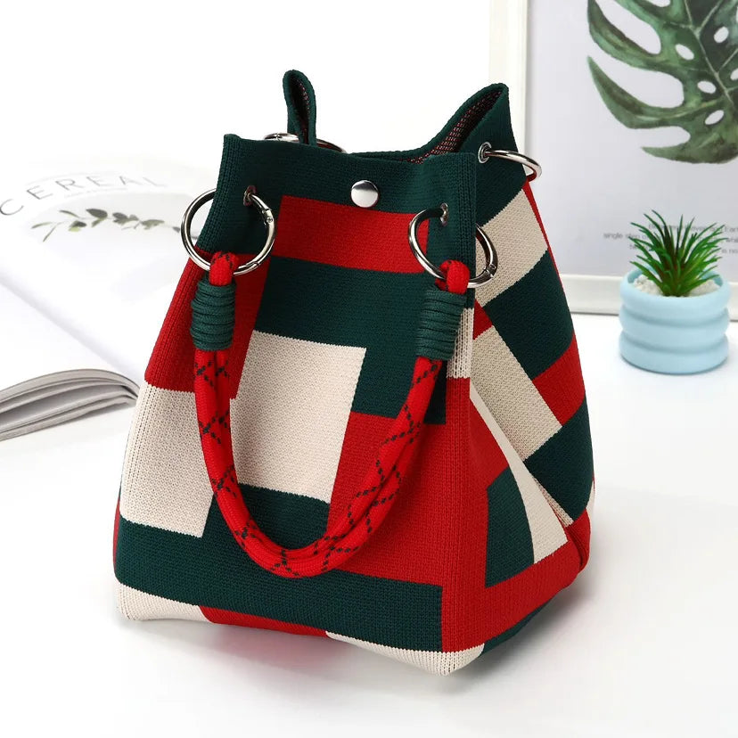 Striped Knit Mini Bucket Tote Bag