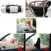 Emergency escape hammer with seatbelt cutter demonstrating its use on a car interior.