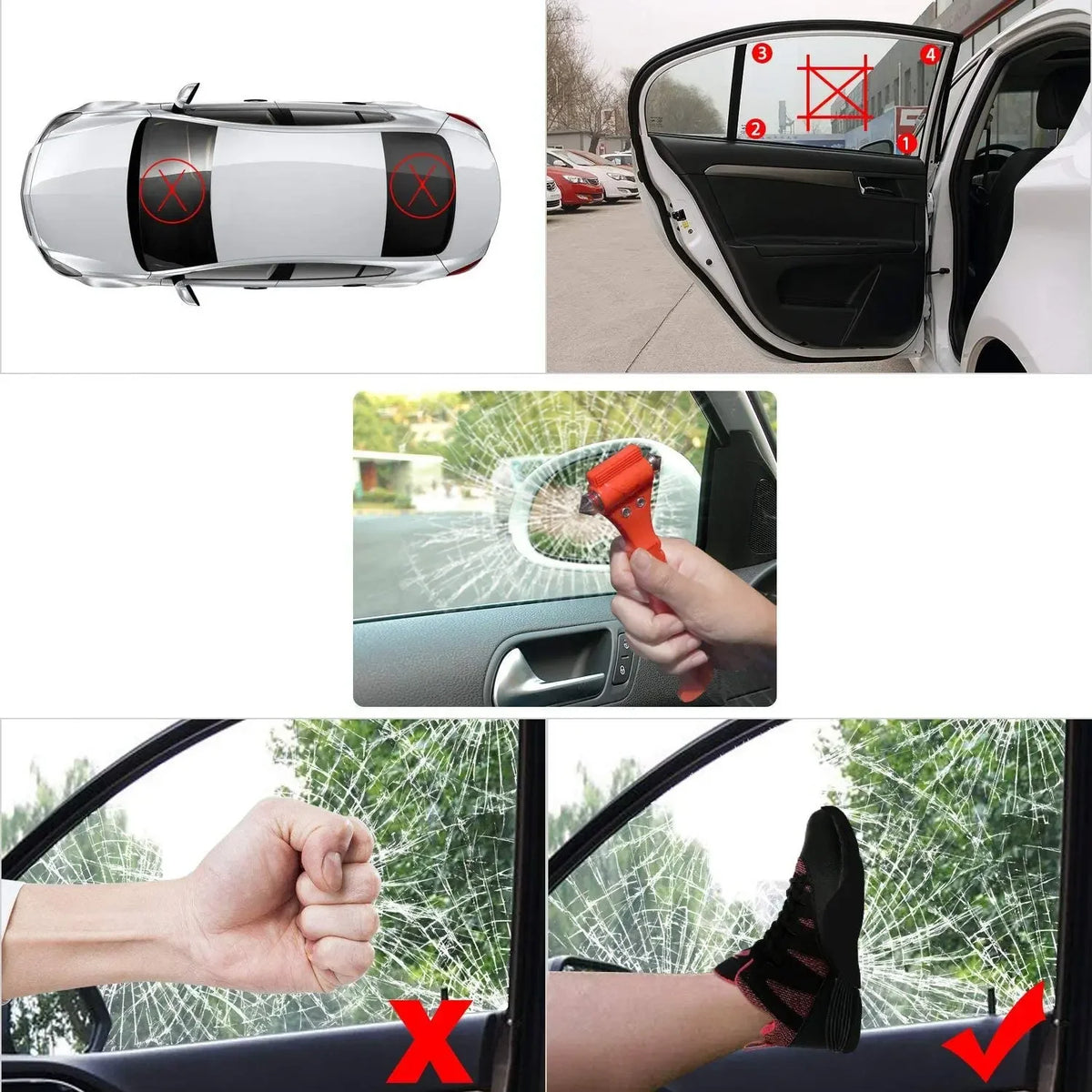 Emergency escape hammer with seatbelt cutter demonstrating its use on a car interior.
