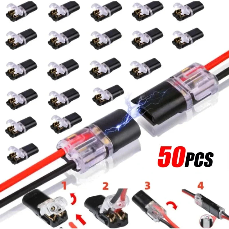 A collection of 50 black and red wire connectors for LED and low-voltage applications shown in various angles.