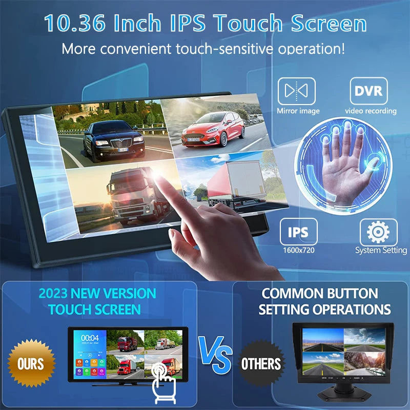 A tablet displaying a mirror image of a vehicle, demonstrating touch-sensitive operation for an IPS touchscreen monitor and D