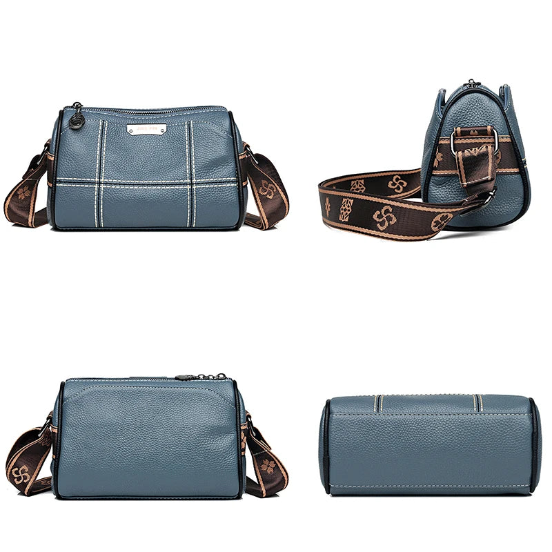 A vintage genuine leather women's shoulder bag in blue-gray with brown leather trim and strap.