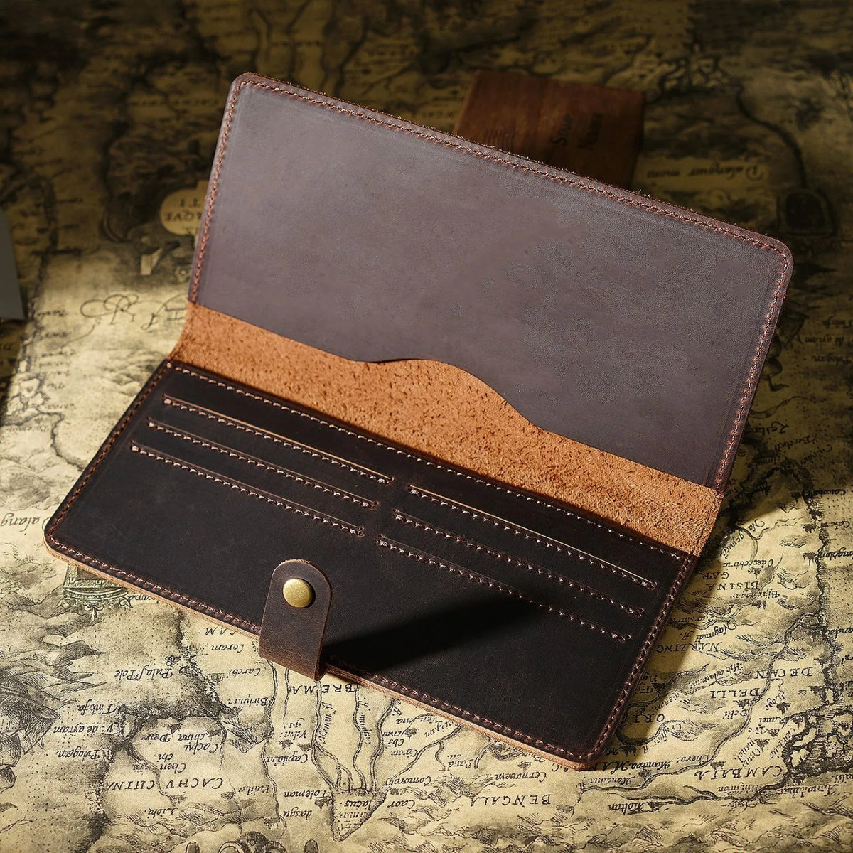 Vintage Leather Long Bifold Wallet with Snap Closure