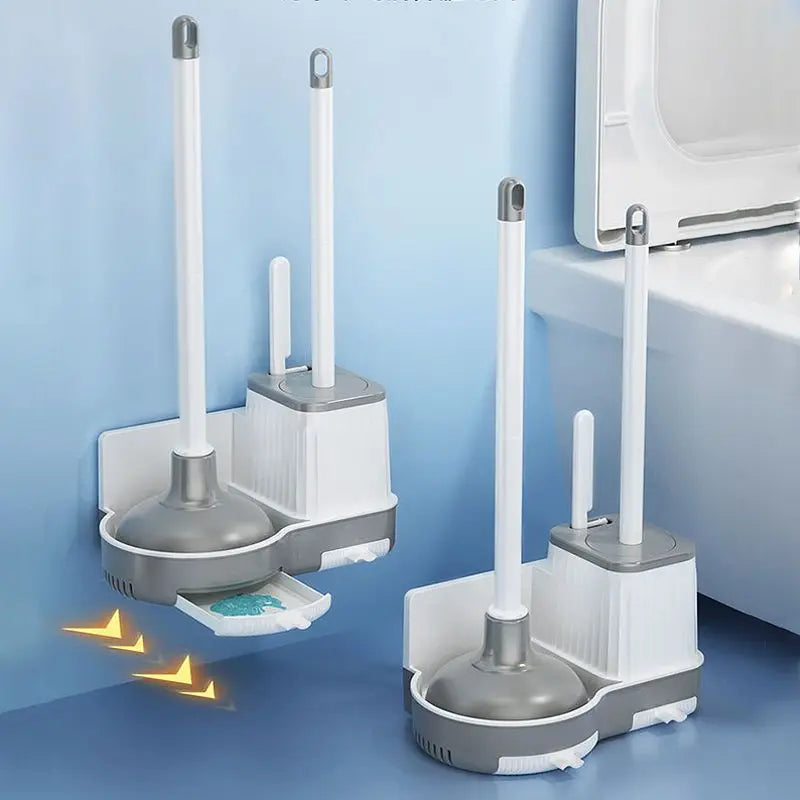 A set of three white toilet brushes and a plunger with a holder displayed on a blue surface.