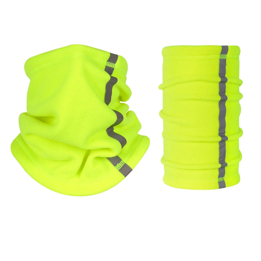 Bright neon yellow polar fleece neck warmer with gray stripes, shown in two views.