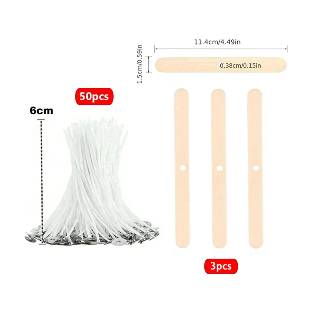 A set of 50 natural cotton candle wicks with a metal stand and a wooden stick for dipping.