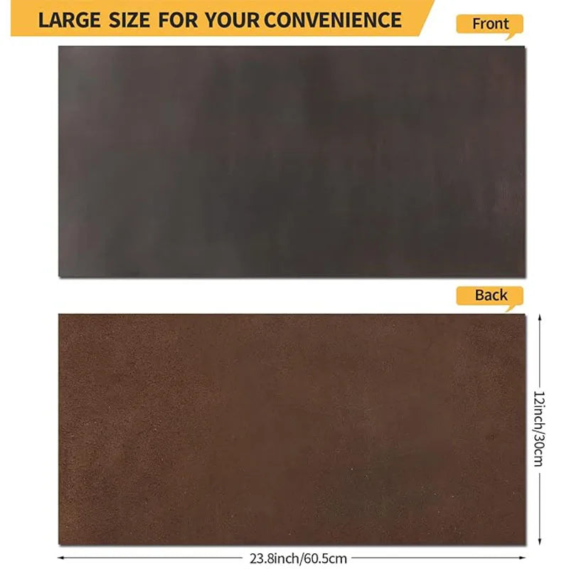 A brown leather piece shown from the front and back, measuring 23.8 inches by 30 cm.