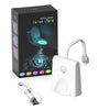 A white rechargeable motion sensor toilet light with a flexible cord is shown next to its packaging box.