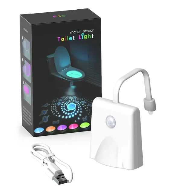 A white rechargeable motion sensor toilet light with a flexible cord is shown next to its packaging box.