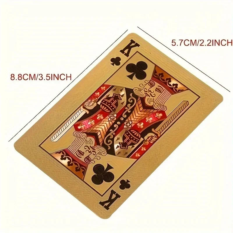 A gold foil playing card featuring a King design with red and black accents.