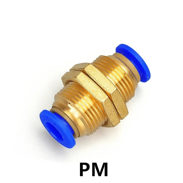 A brass industrial pneumatic push-to-connect fitting with blue plastic connectors.