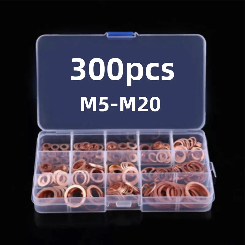 A clear plastic box containing 300 M5-M20 copper sealing washer sump plugs.