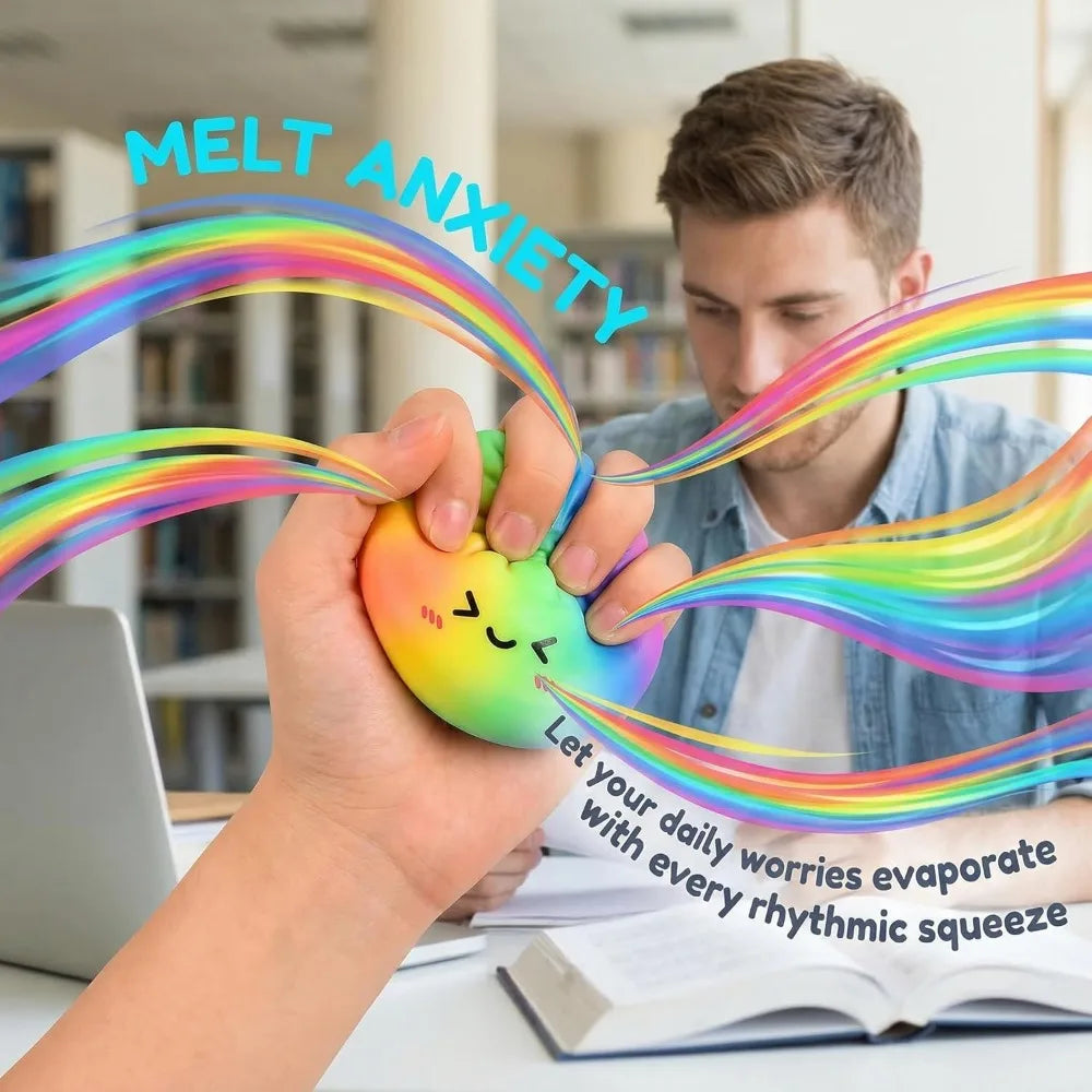 A hand squeezes a colorful, squishy dumpling toy to relieve anxiety, with rainbow-colored stress relief lines emanating from 