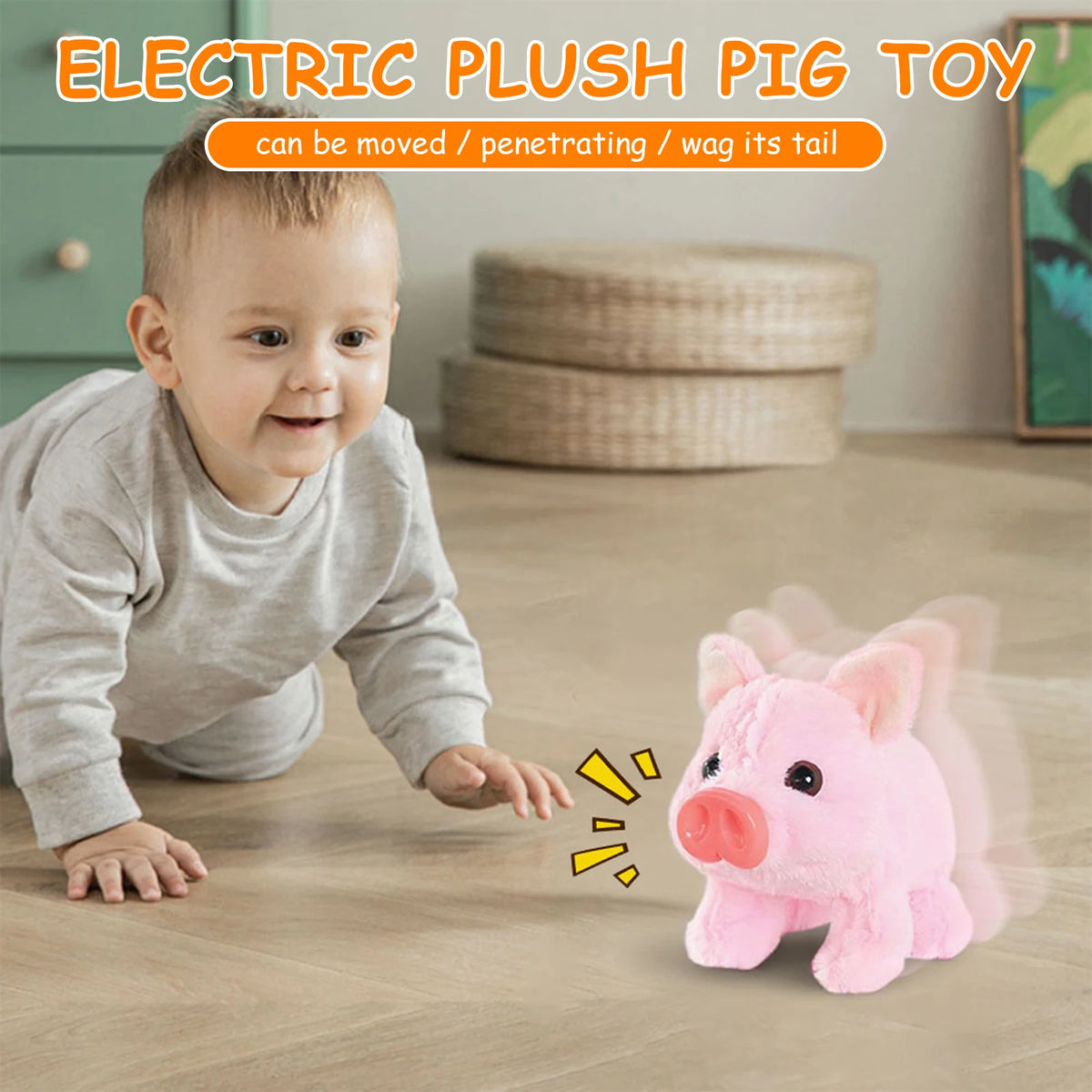 A baby is interacting with a pink electric plush pig toy on a wooden floor.